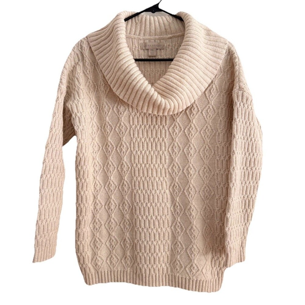 Laura Ashley Cowl Neck Cable Knit Sweater Size PXL Cream Cotton Wool Nylon Blend